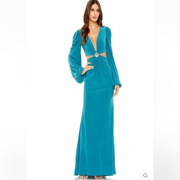 IEENA Mac Duggal Jersey Puff Long Sleeve Cut Out Column Gown NWT size 4 - Picture 2 of 8